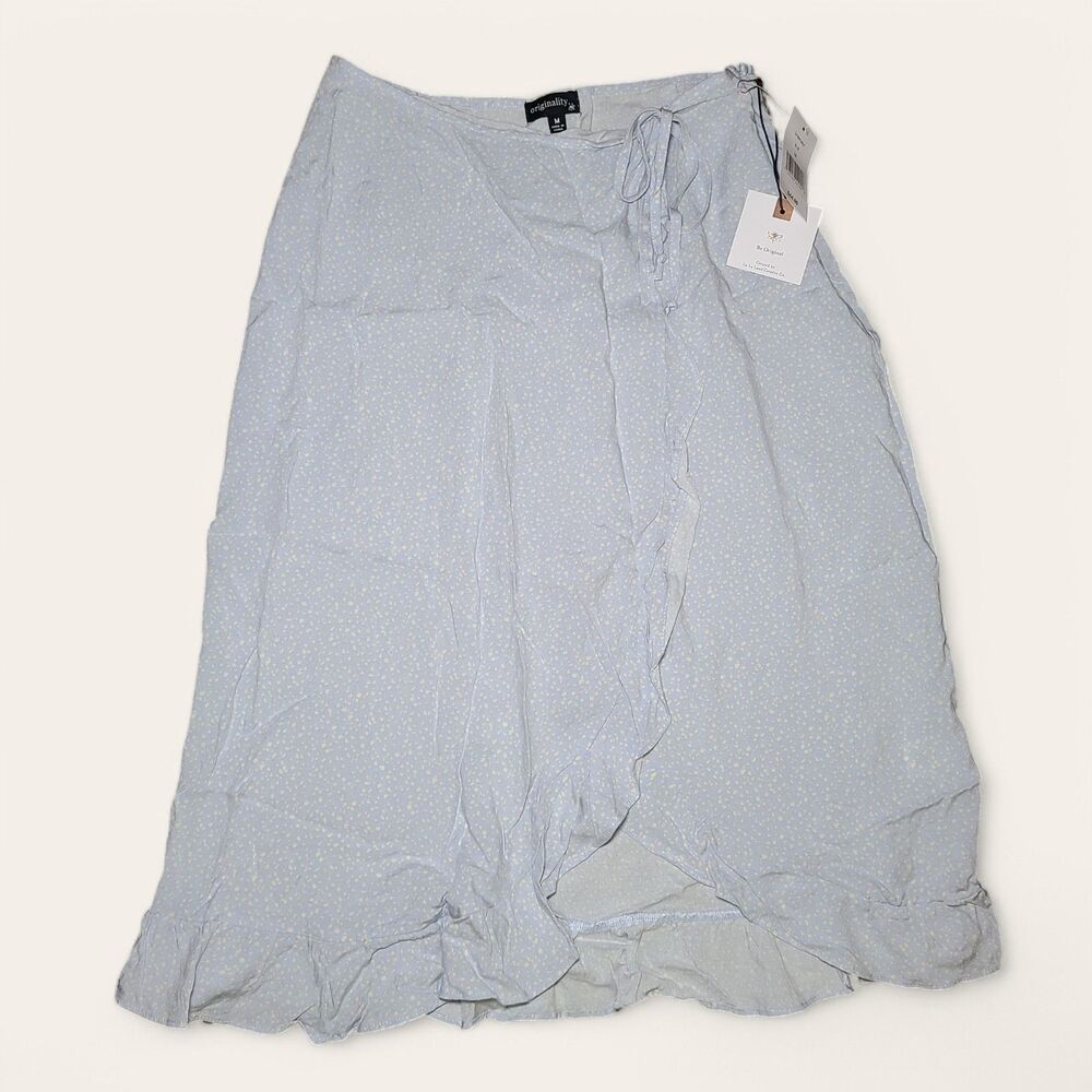 Originality Midi Wrap Skirt Ruffled Edge Blue White Women’s Medium Cottagecore